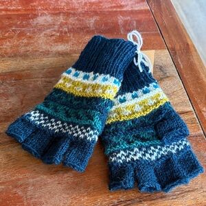 Women’s Fingerless Knit Gloves - Navy, Teal & Yellow